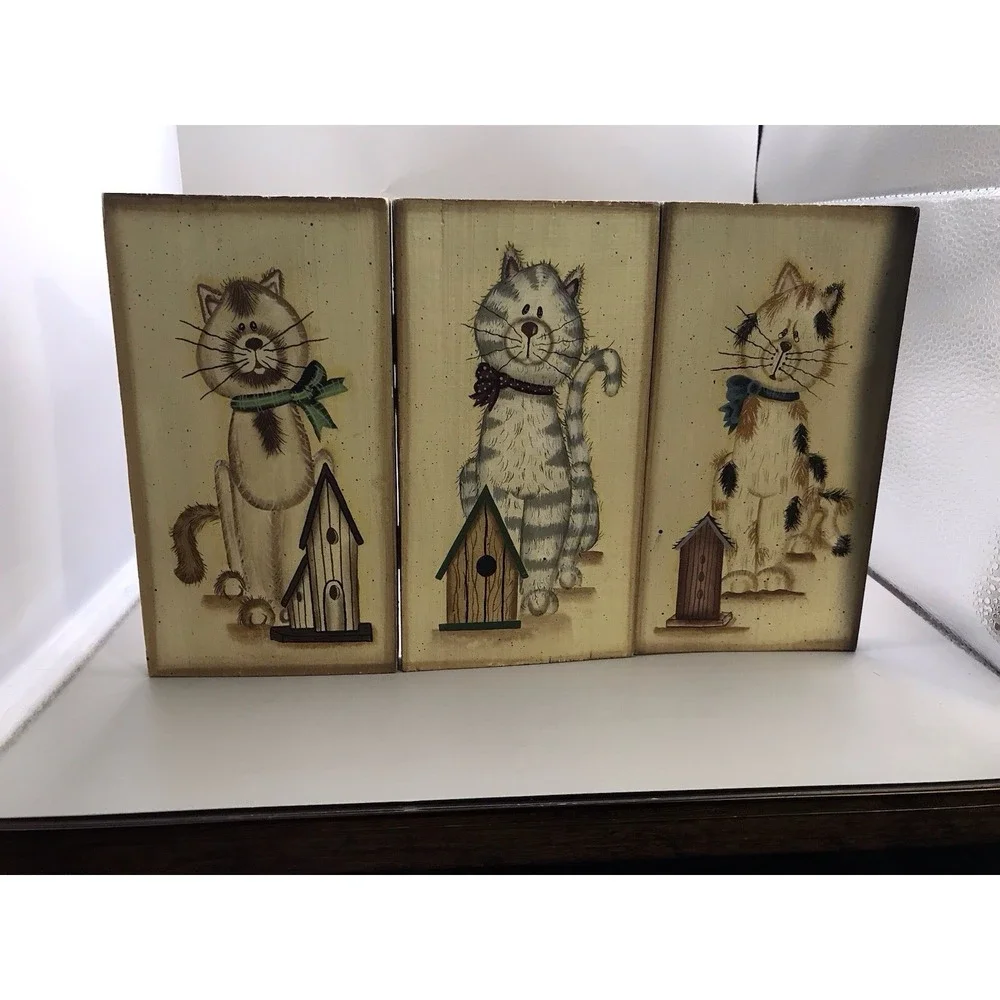 Mary Ann June 3 Hinged Wooden Plaques Of Kittys And Their Birdhouses 11.5